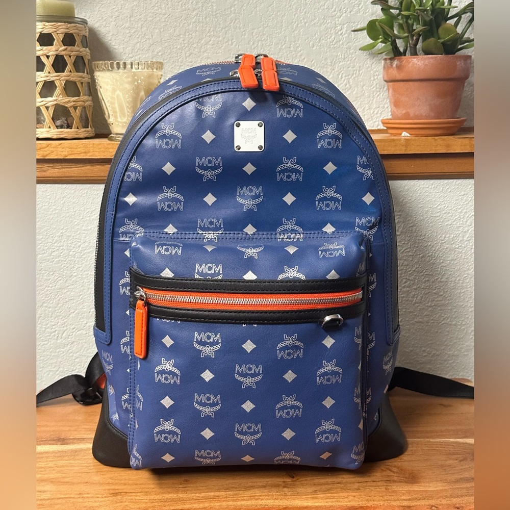 MCM Blue Visetos Reflective Nylon and Canvas Resnick Backpack